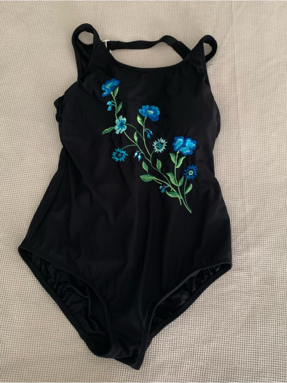 Delta Burke Black Swimsuit 18W Embroidered Blue Flowers Stretch Beach Vacation